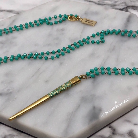 {✨E+L🌙} 14K Gold Boho Pendant + Glass Teal Chain - Picture 3 of 8